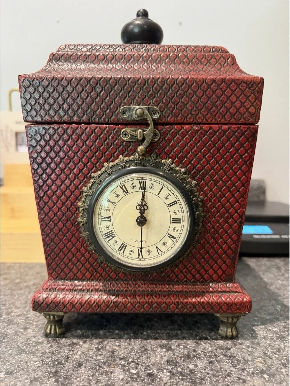 Home Interiors Red Quartz Clock Storage Box  Compartment Trinket Chest